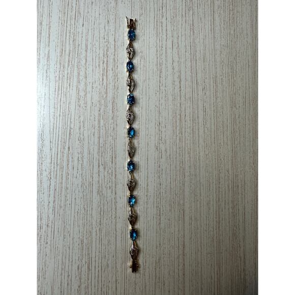 14k Yellow Gold London Blue Topaz and Diamond 7” Tennis Bracelet 6 Grams Vintage - Picture 6 of 7